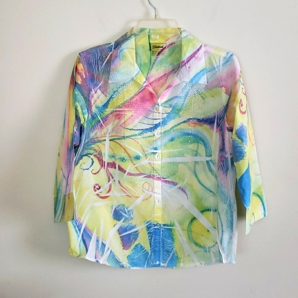 Distinct pastel bright multicolor button down shirt, cotton, women's size small